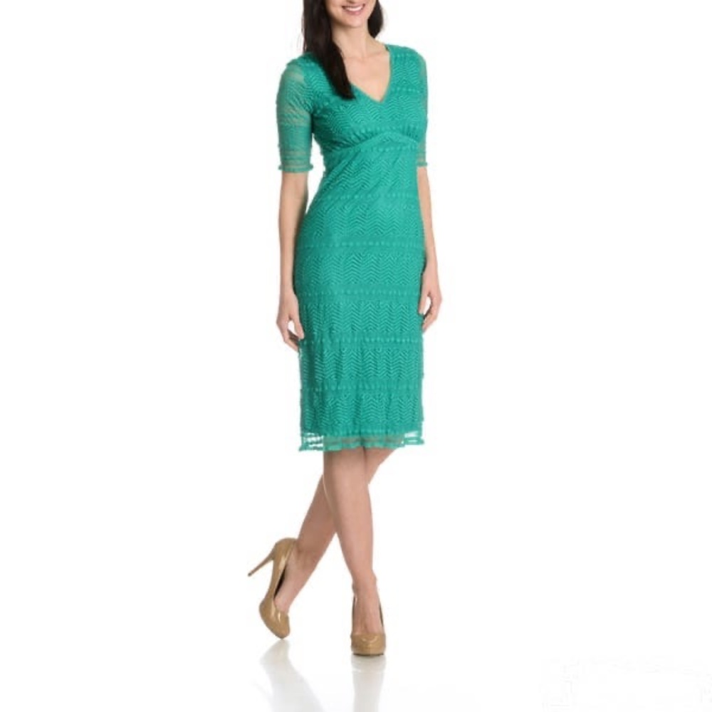 Stretch lace midi dress in teal, new without tags